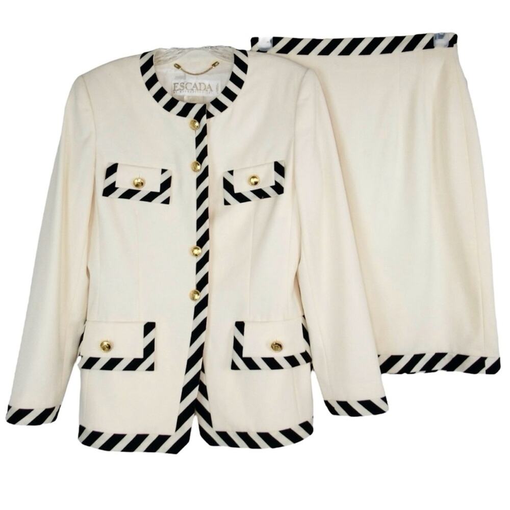 ESCADA Ivory & Black Wool Jacket & Skirt Suit Set Women’s 38/40 US Size 10/12